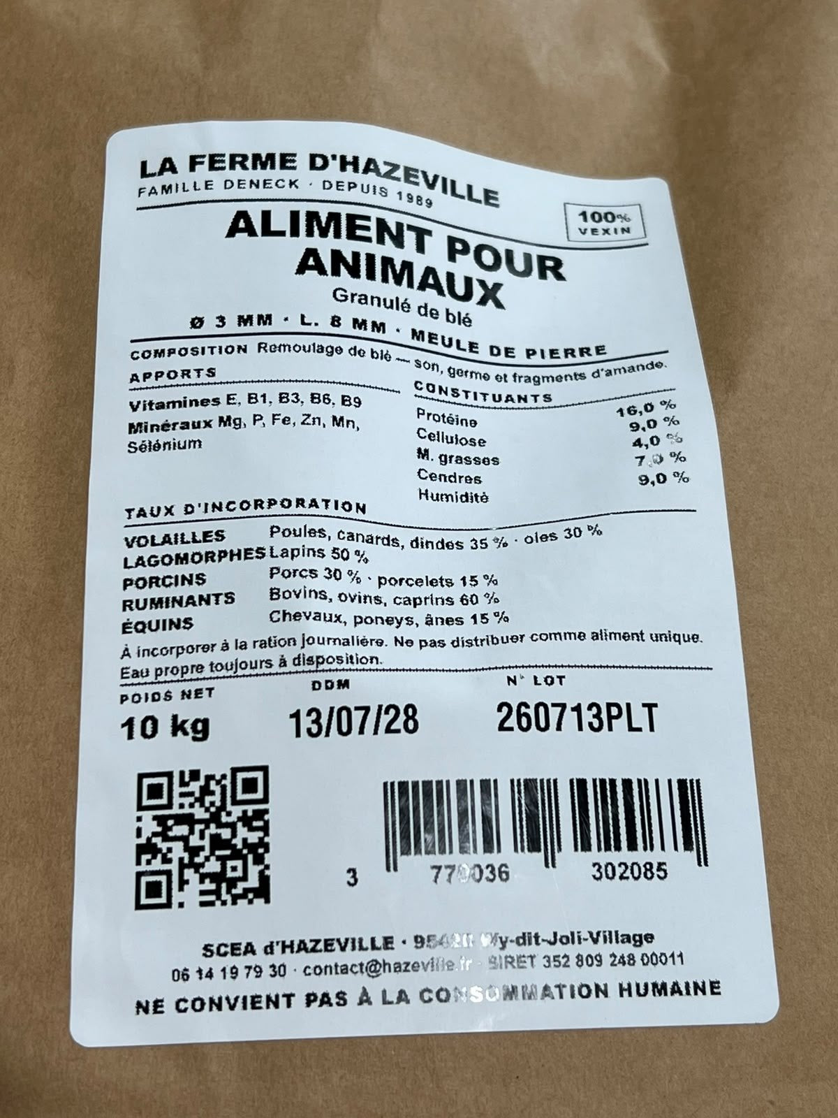 Étiquette du sac de 10 kg : composition, taux d’incorporation, DDM et numéro de lot