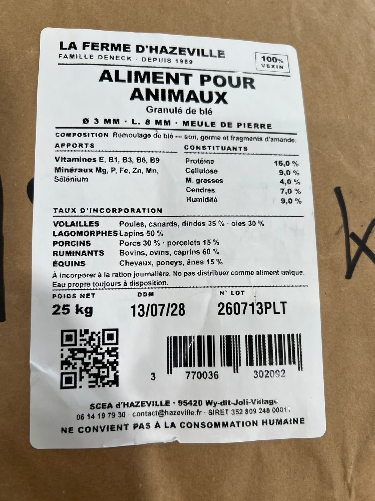 Étiquette du sac de 25 kg : composition, taux d’incorporation, DDM et numéro de lot