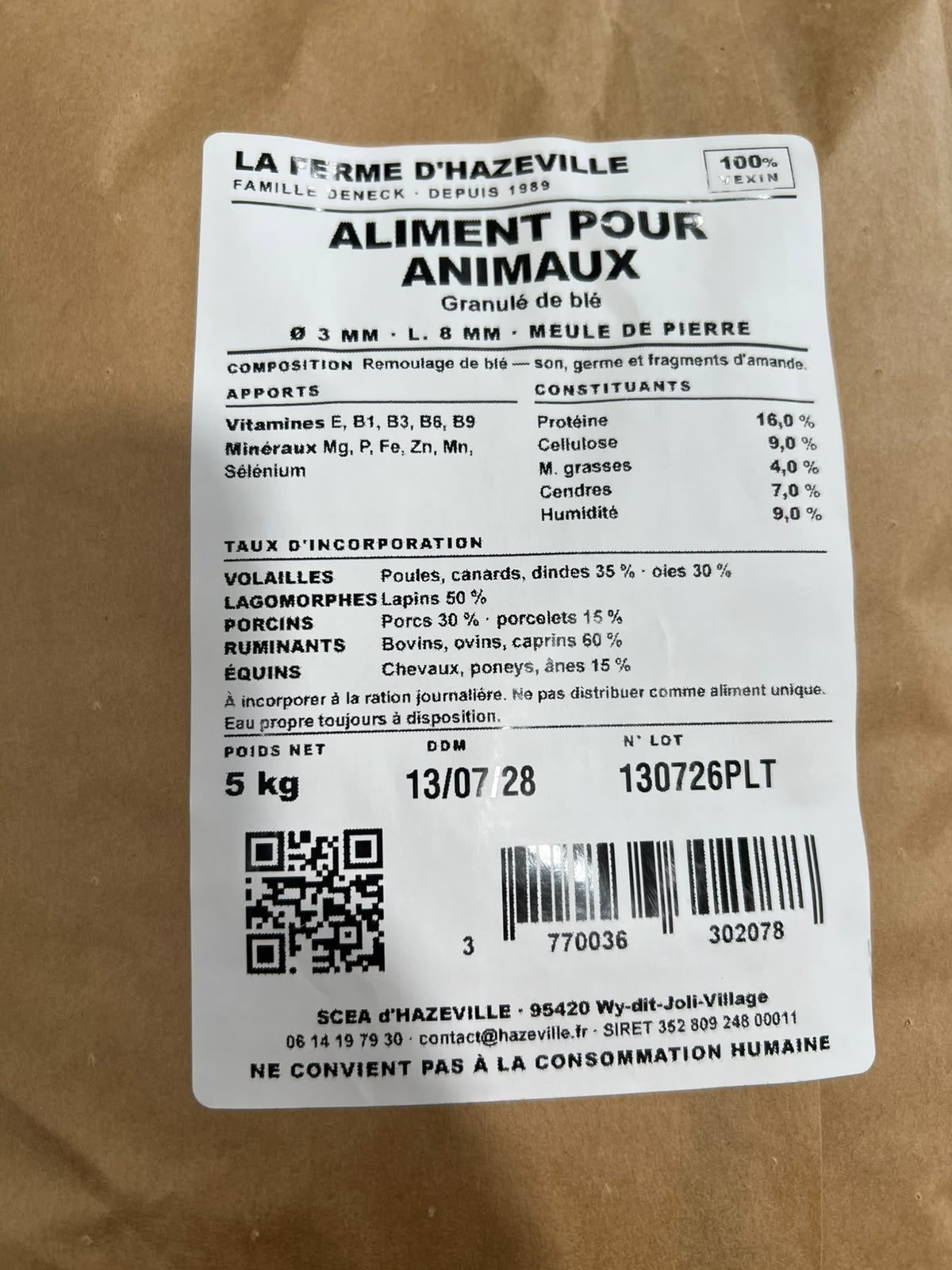 Étiquette du sac de 5 kg : composition, taux d’incorporation, DDM et numéro de lot
