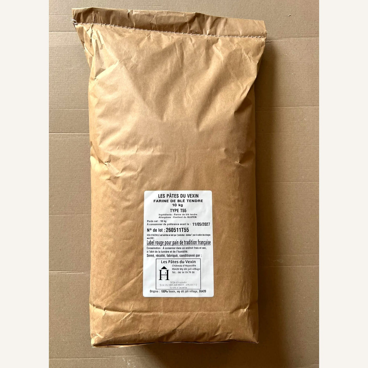 Sac de farine T55 de blé tendre, 10 kg, étiquette et numéro de lot